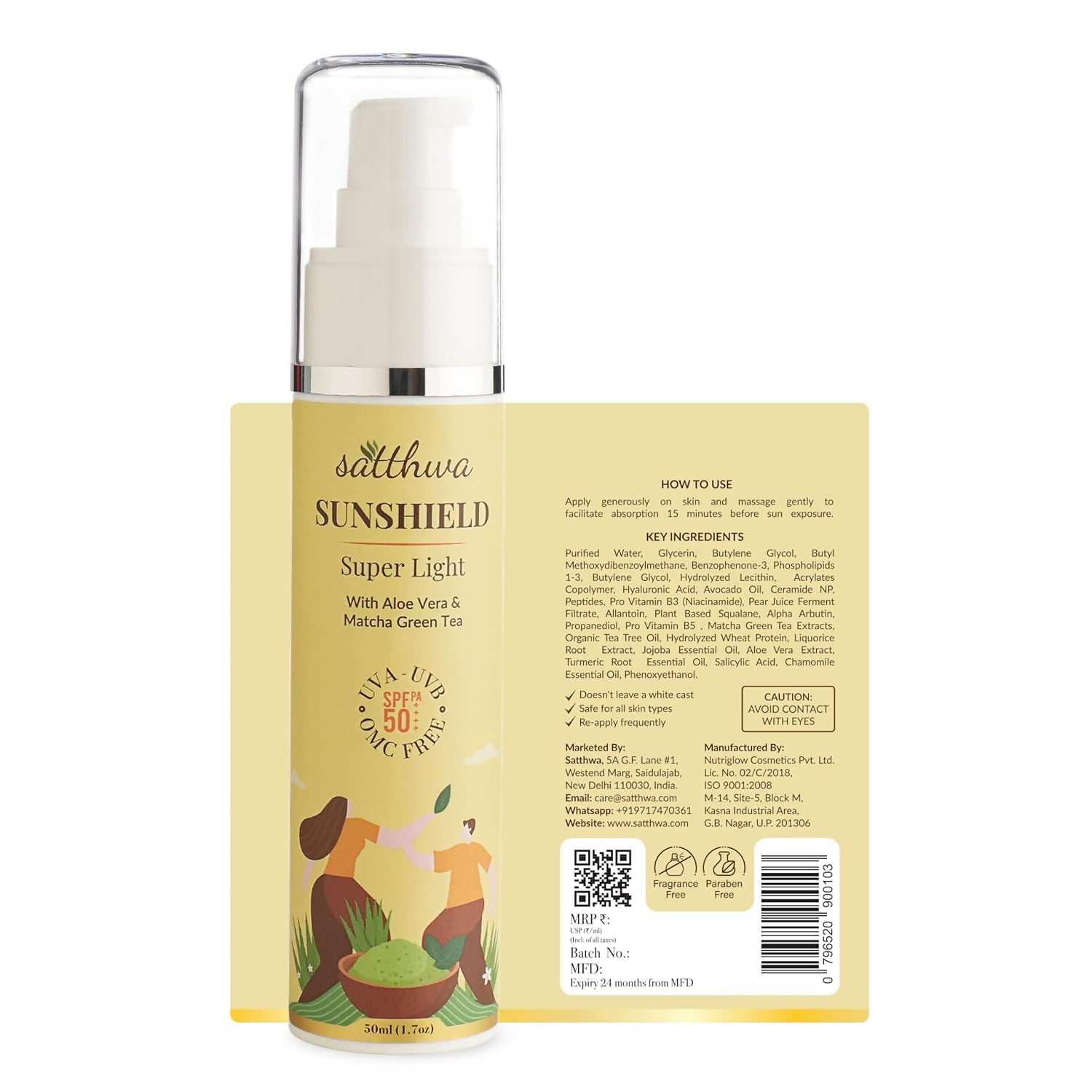 Satthwa Sunshield Super Light Sunscreen With Aloe Vera & Matcha Green Tea | Swadesiicart