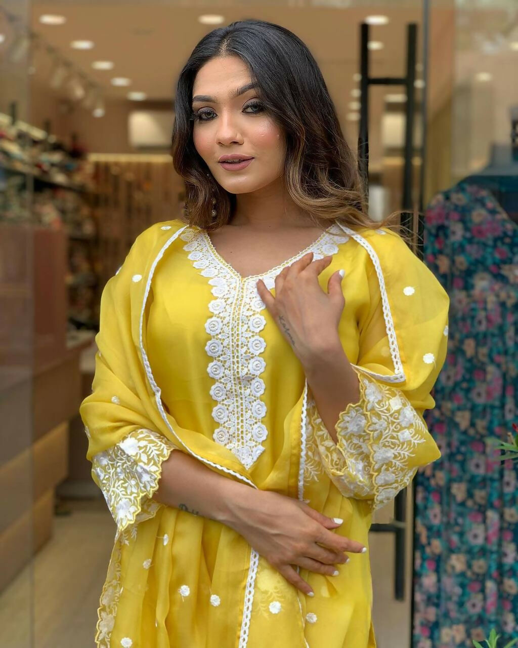 The52 Yellow Women's Gorgeous Embroidered Georgette Fabric Straight Kurta Pant with Dupatta Set - Swadesiicart