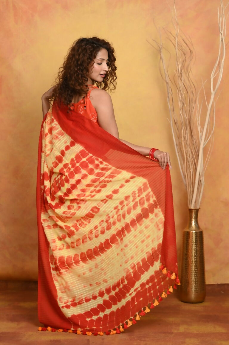 Very Much Indian Tie & Dye Handloom Mul Cotton Saree - Yellow Red | Swadesiicart