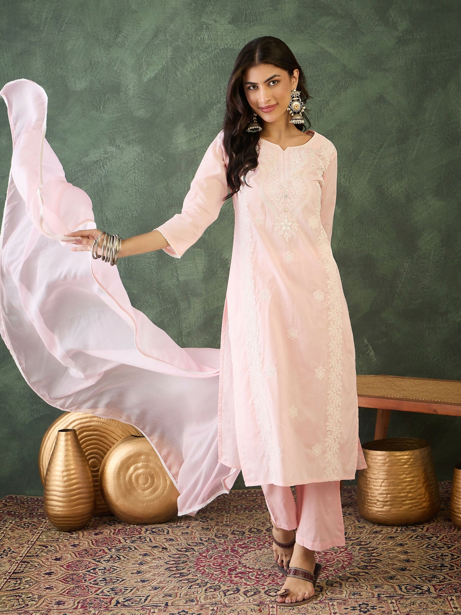 The52 Baby pink Women's Gorgeous Cotton Blend Fabric Thread Work Straight Kurta, Pant and Dupatta Set - Swadesiicart
