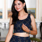 Miravan Women's Blue Abstract Print Crop Top And Side Slit A-Line Skirt Co-Ord Set - Swadesiicart