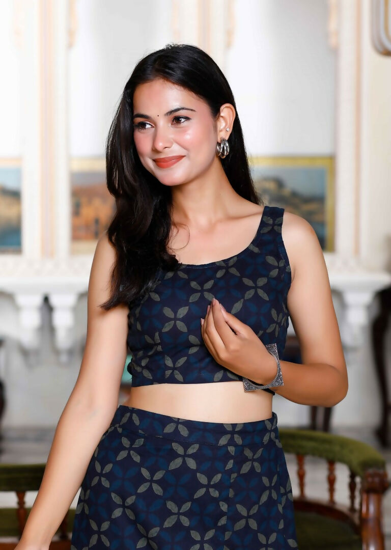 Miravan Women's Blue Abstract Print Crop Top And Side Slit A-Line Skirt Co-Ord Set - Swadesiicart