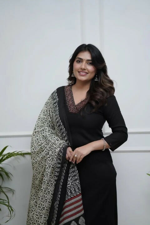 The52 Black Women's Gorgeous Parampara Fabric Embroidered Work Straight Kurta Palazzo and Dupatta Set - Swadesiicart