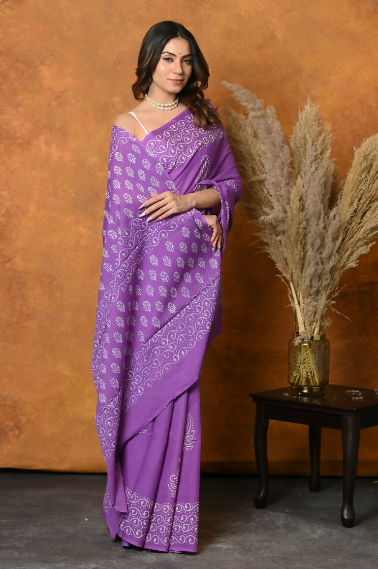 Very Much Indian Handblock Printed Cotton Saree With Natural Dyes - Purple | Swadesiicart