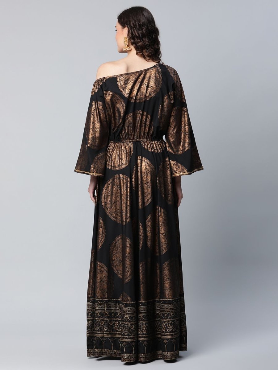 Ahalyaa Womens Black Crepe Copper Foil Printed Maxi Dress | Swadesiicart