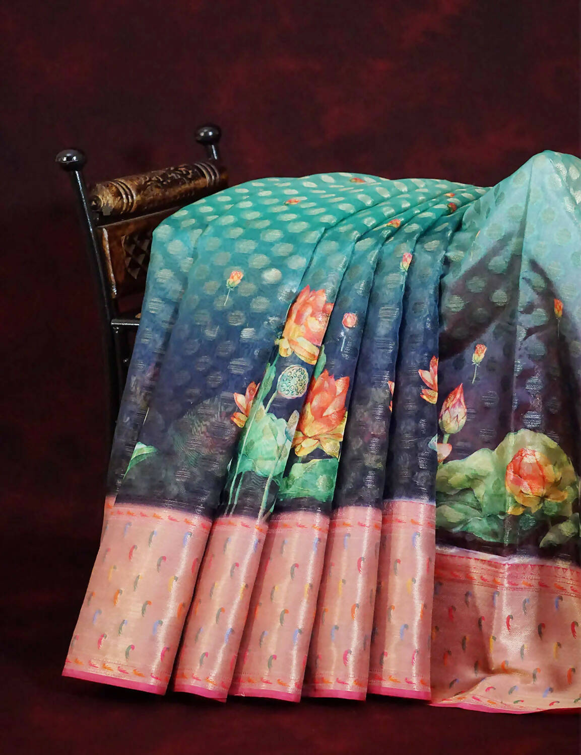 Green and Pink Banaras Border Floral Design Banarasi Semi Silk Saree By Gayathri Reddy Designer Studio | Swadesiicart