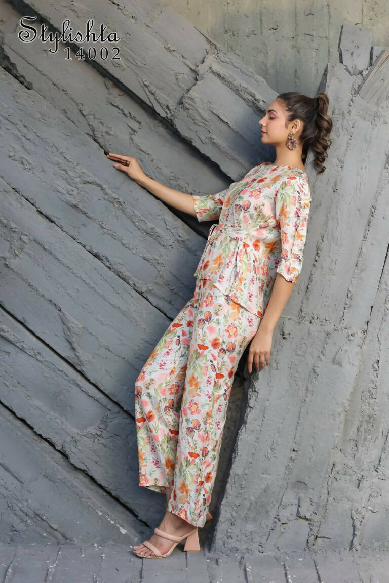 Women's Partywear Designer White & Multi Muslin co-ord set - Stylishta - Swadesiicart