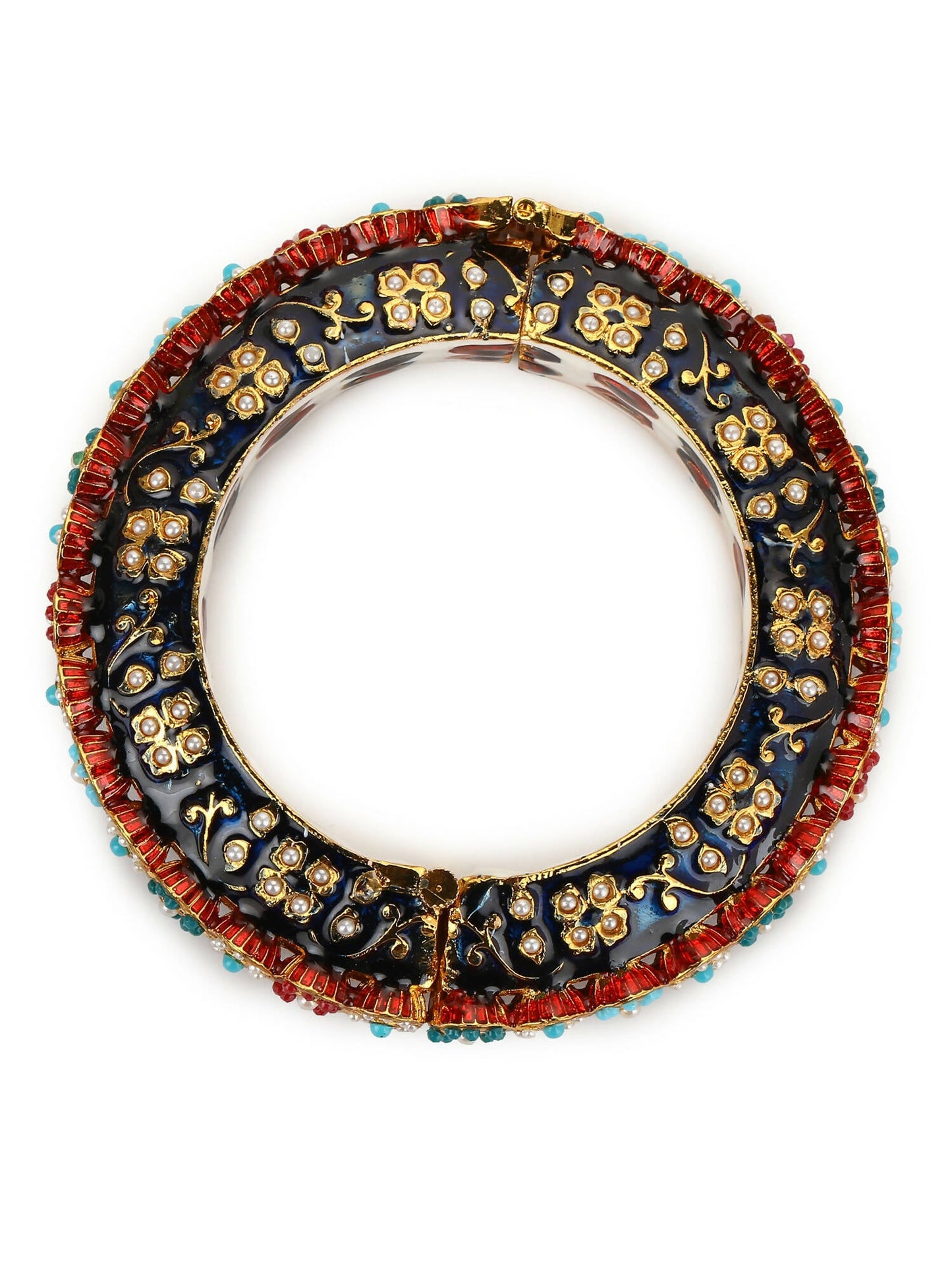 Gold-Polished Blue White Kundan Studded Pearls Beaded Bangle - Ruby Raang - Swadesiicart