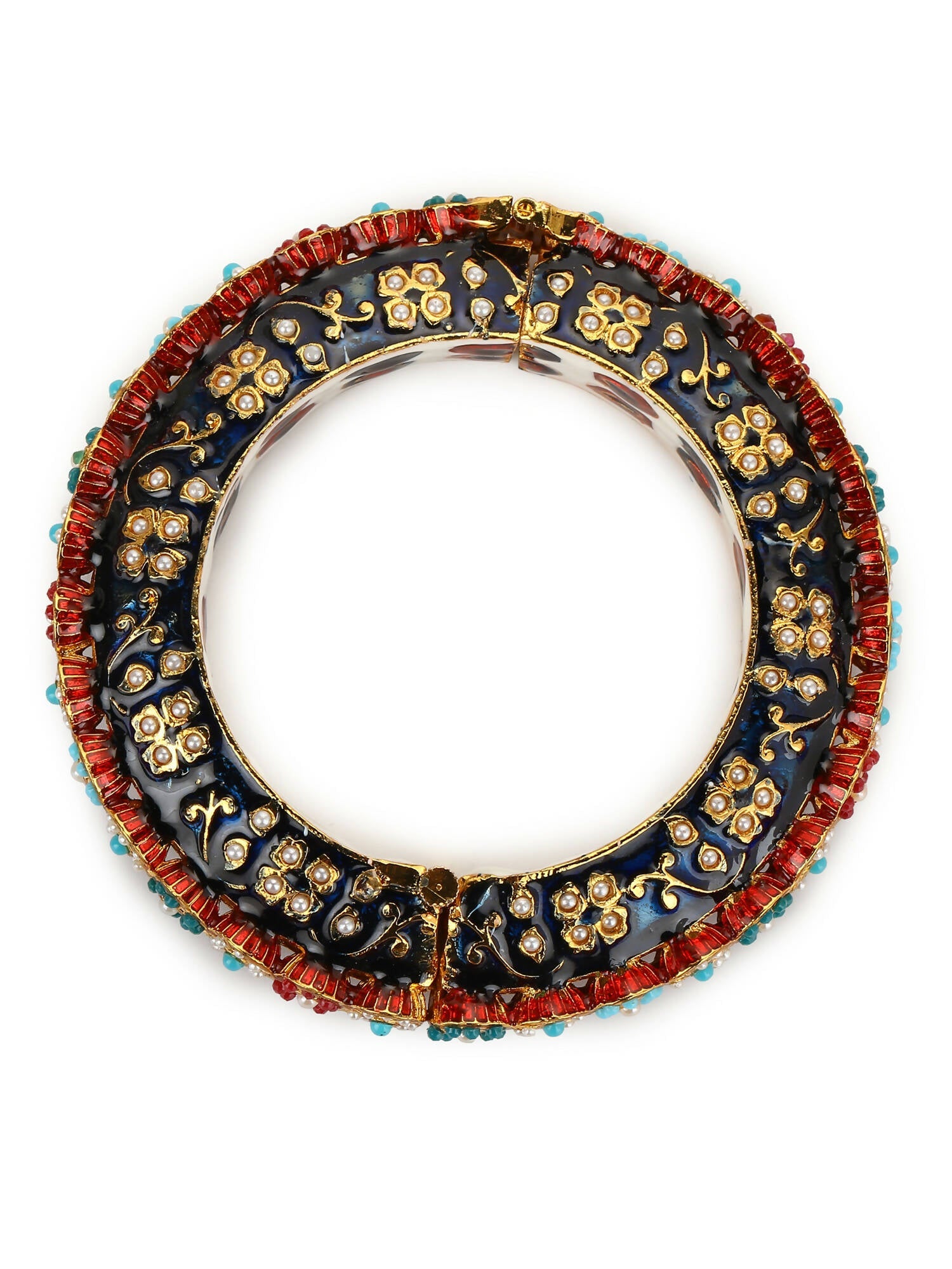 Gold-Polished Blue White Kundan Studded Pearls Beaded Bangle - Ruby Raang - Swadesiicart