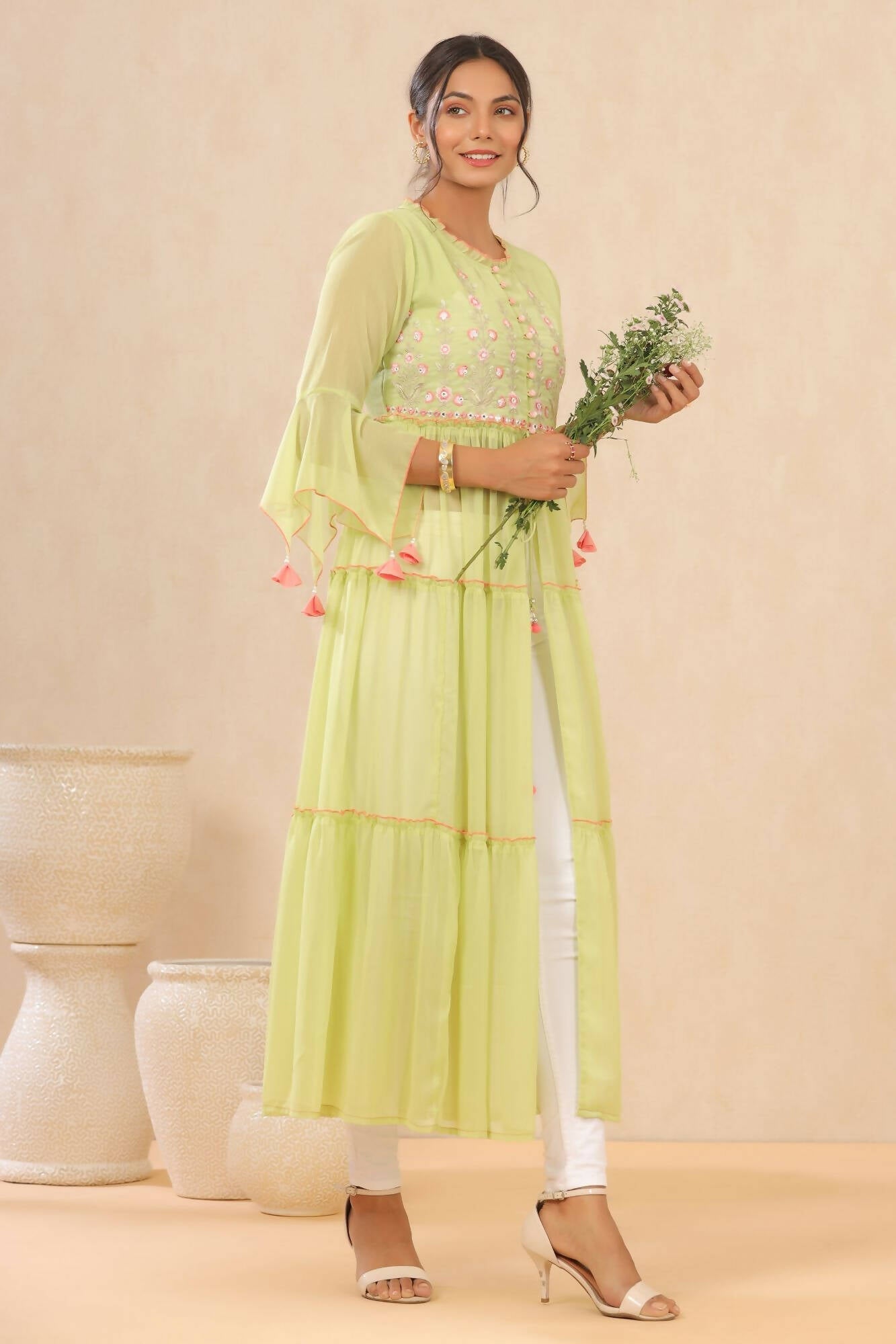 Juniper Women Green Chiffon Embroidered Tiered Kurta | Swadesiicart