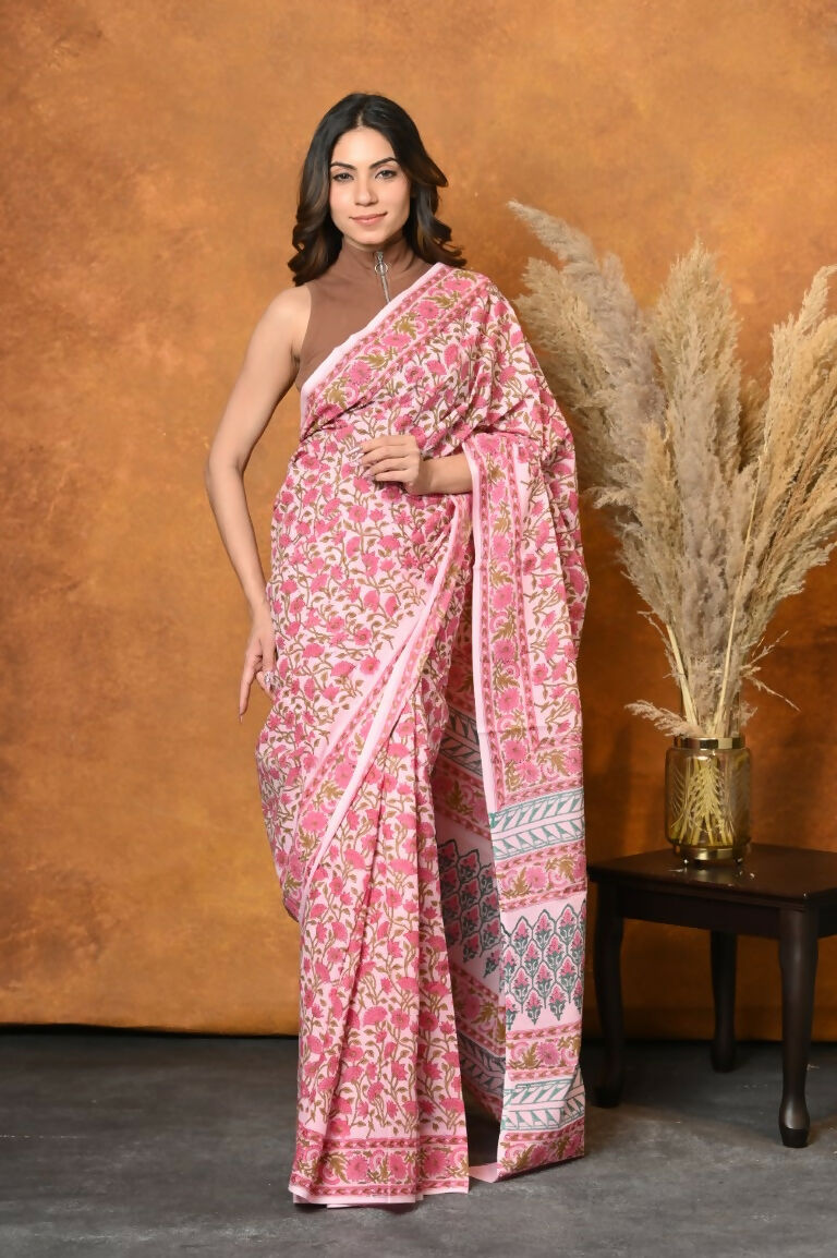 Very Much Indian Pure Cotton Handblock Printed Saree - Light Pink | Swadesiicart
