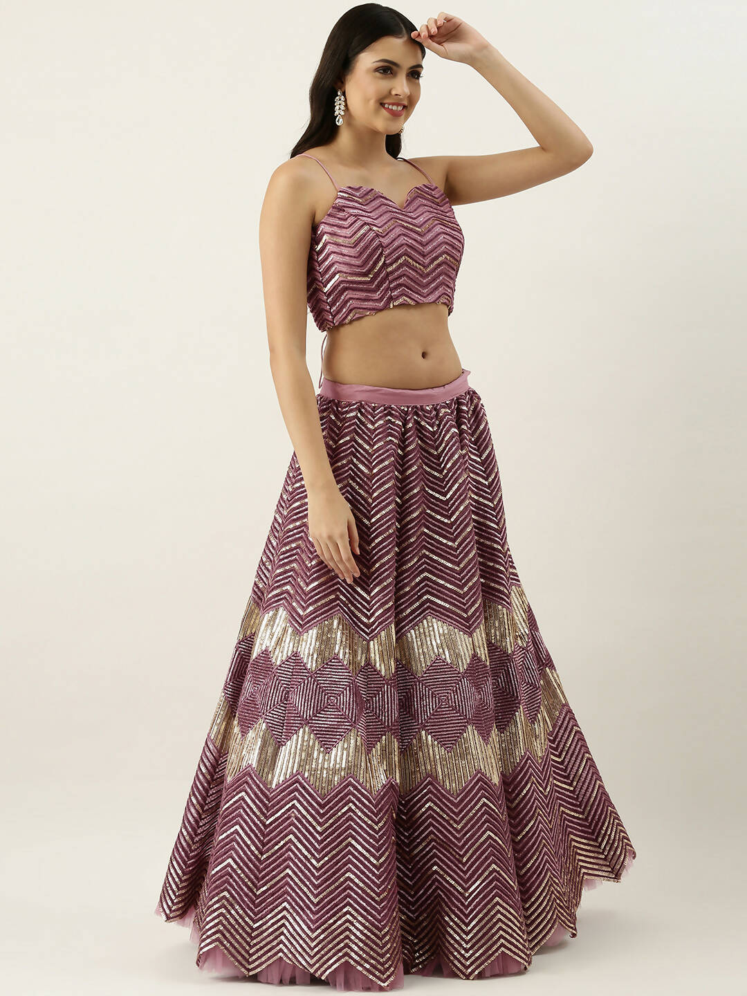 House of Panchhi Lavender - Net Embroidered Lehenga with Zig-Zag Pattern | Swadesiicart
