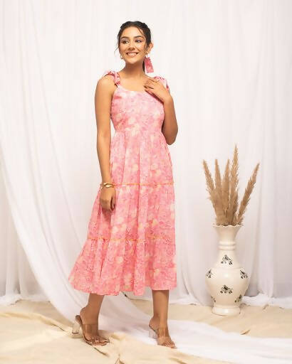 FIORRA Women's Peach Cotton Floral Printed Western Dress - Swadesiicart