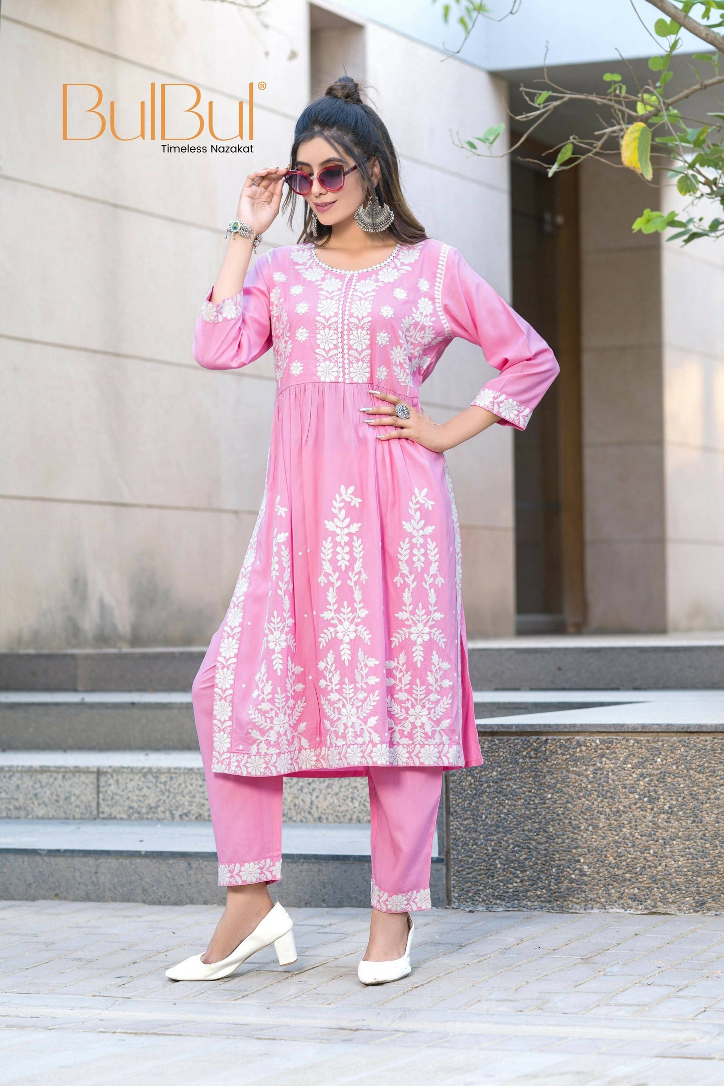 BulBul Arushi Pink Rayon Kurta Set with Lucknowi Work - Swadesiicart