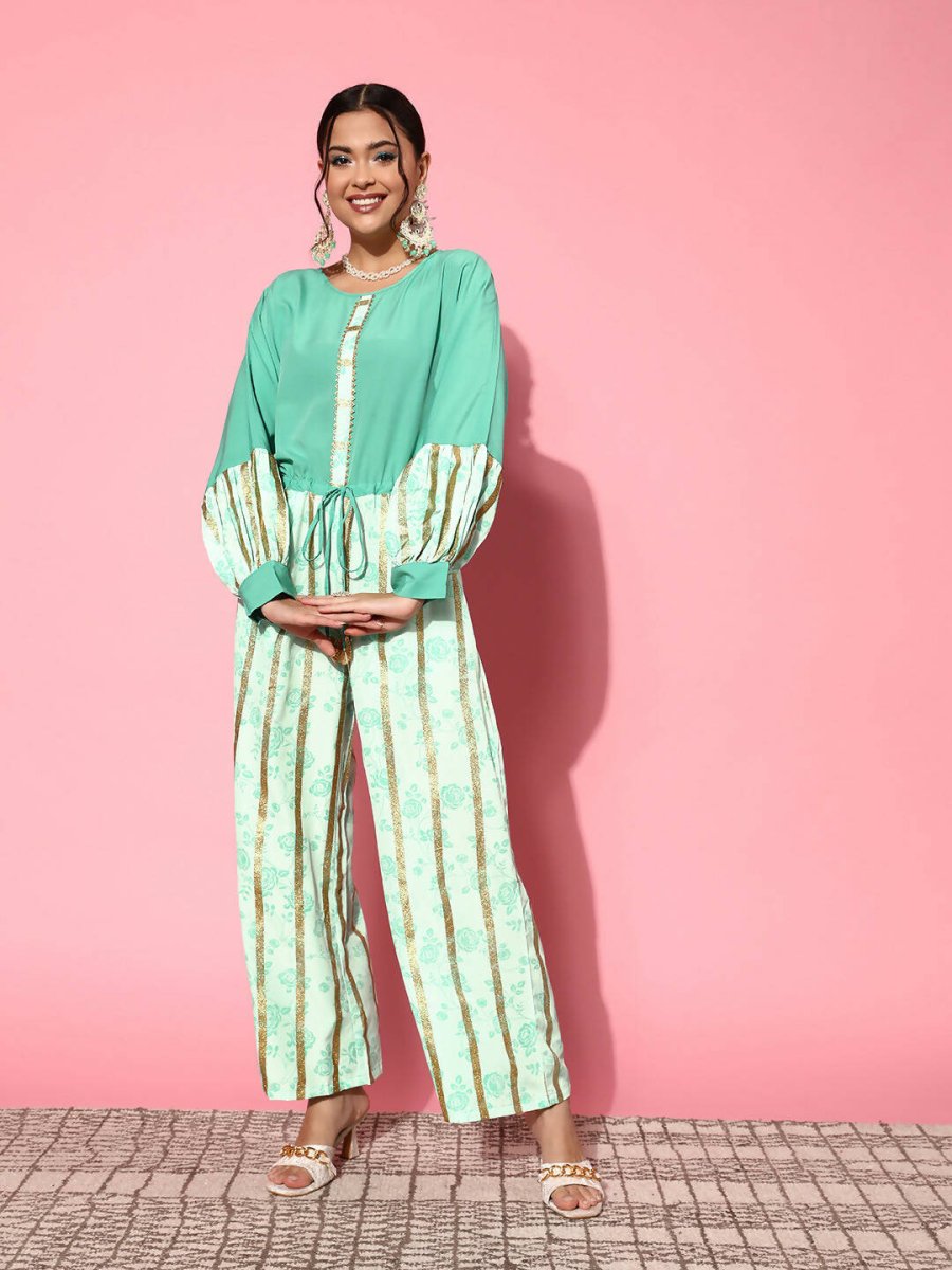 Ahalyaa Women Gorgeous Green Printed Once Upon a Sleeve Jumpsuit - Swadesiicart