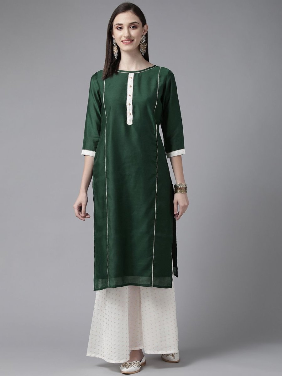 Ahalyaa Women Dark Green Plain Chanderi Kurta with Sharara Set | Swadesiicart