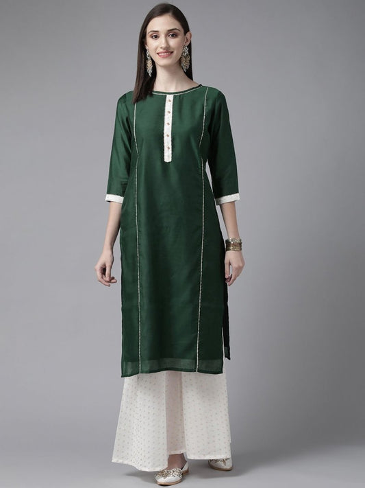 Ahalyaa Women Dark Green Plain Chanderi Kurta with Sharara Set | Swadesiicart