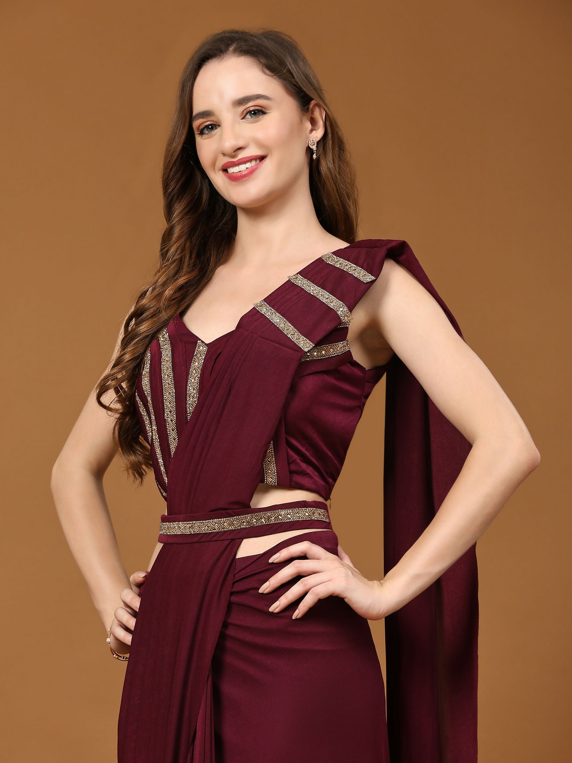 Maroon Polyester Solid Ready to Wear Saree with stitched Blouse - Nita | Swadesiicart