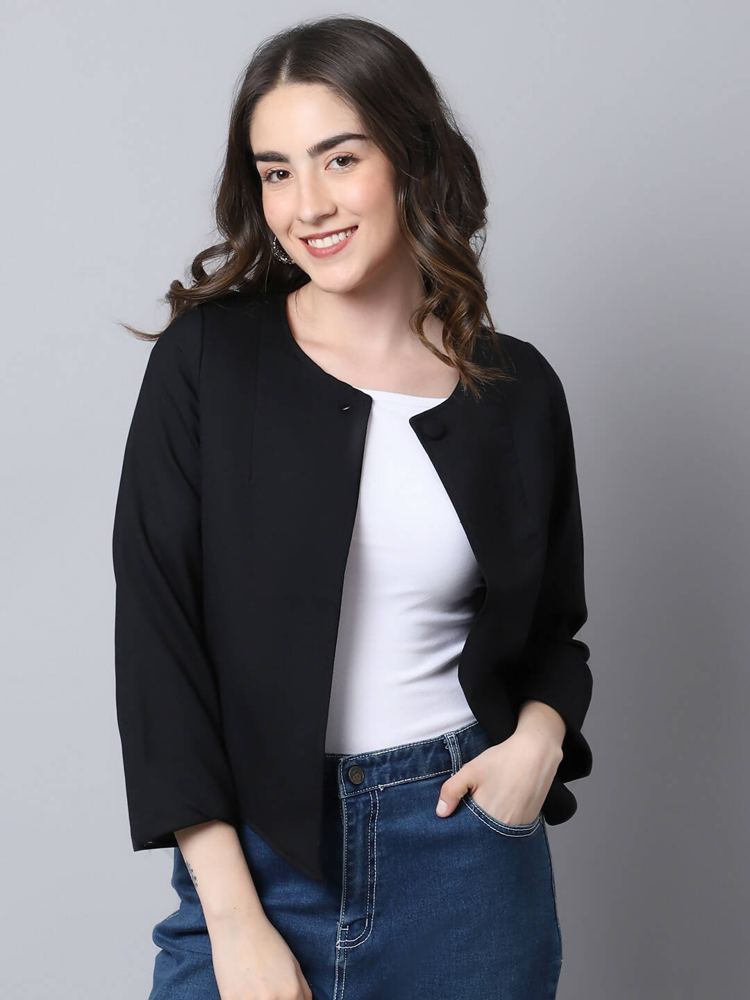 Even Apparels Black Linen Cotton Open Front Statement Women's Jacket | Swadesiicart