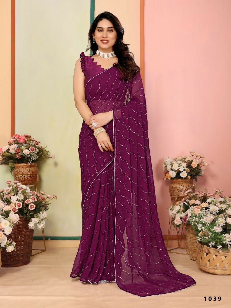 Aafreen Partywear Designer Wine Georgette Fancy Saree