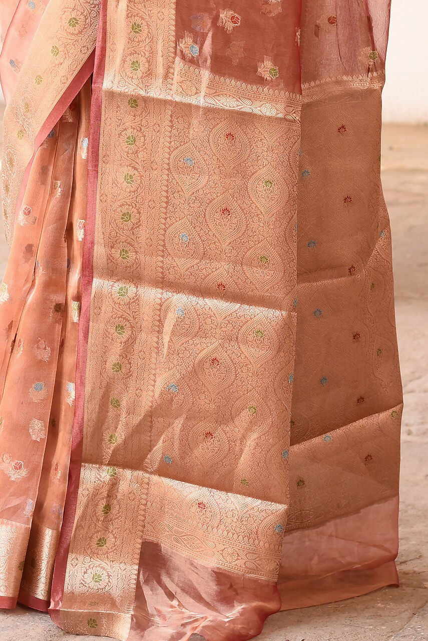 Joban Fashion Rose Gold Pure Banarasi Tissue Saree | Swadesiicart