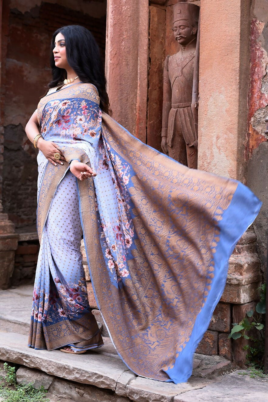 Joban Fashion Dusty Blue Crepe Chiffon Pure Handloom Banarasi Silk Saree | Swadesiicart