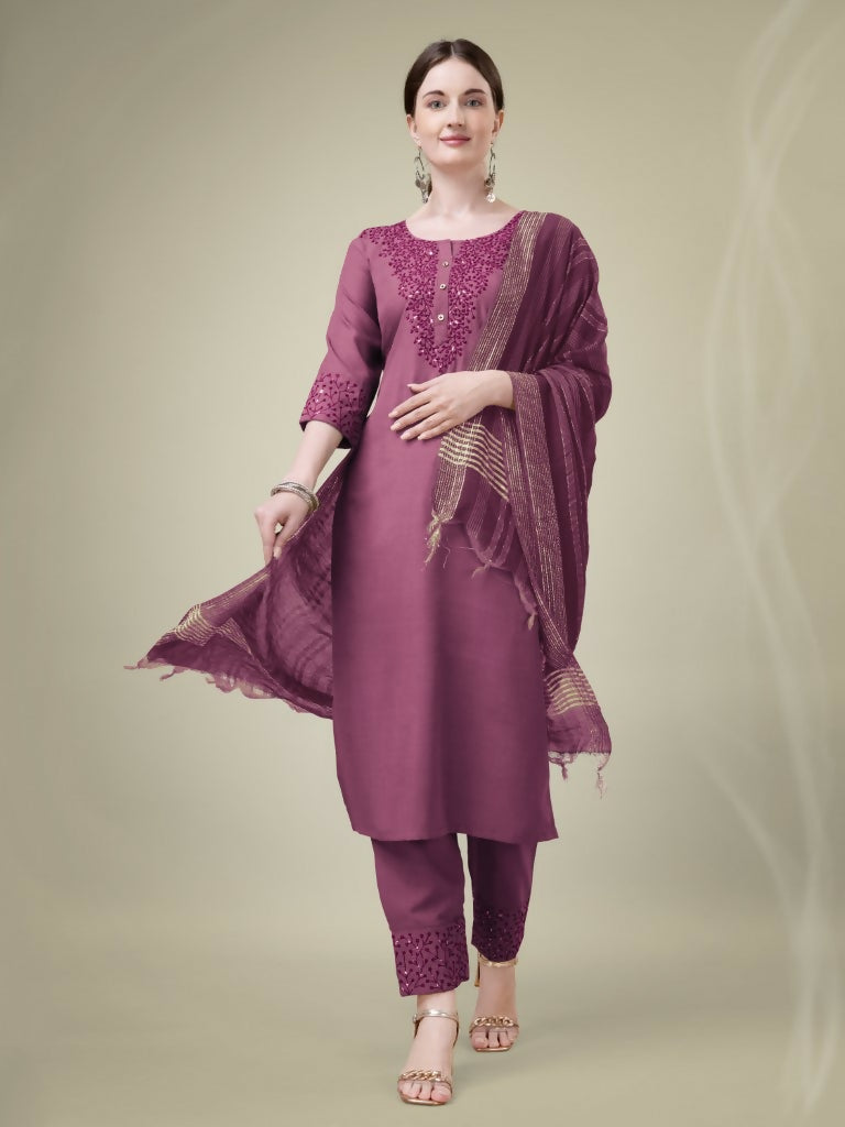Jyoti Fashion Women's Onion Cotton Blend Embroidery & Sequence work Kurta with Trouser & Dupatta | Swadesiicart