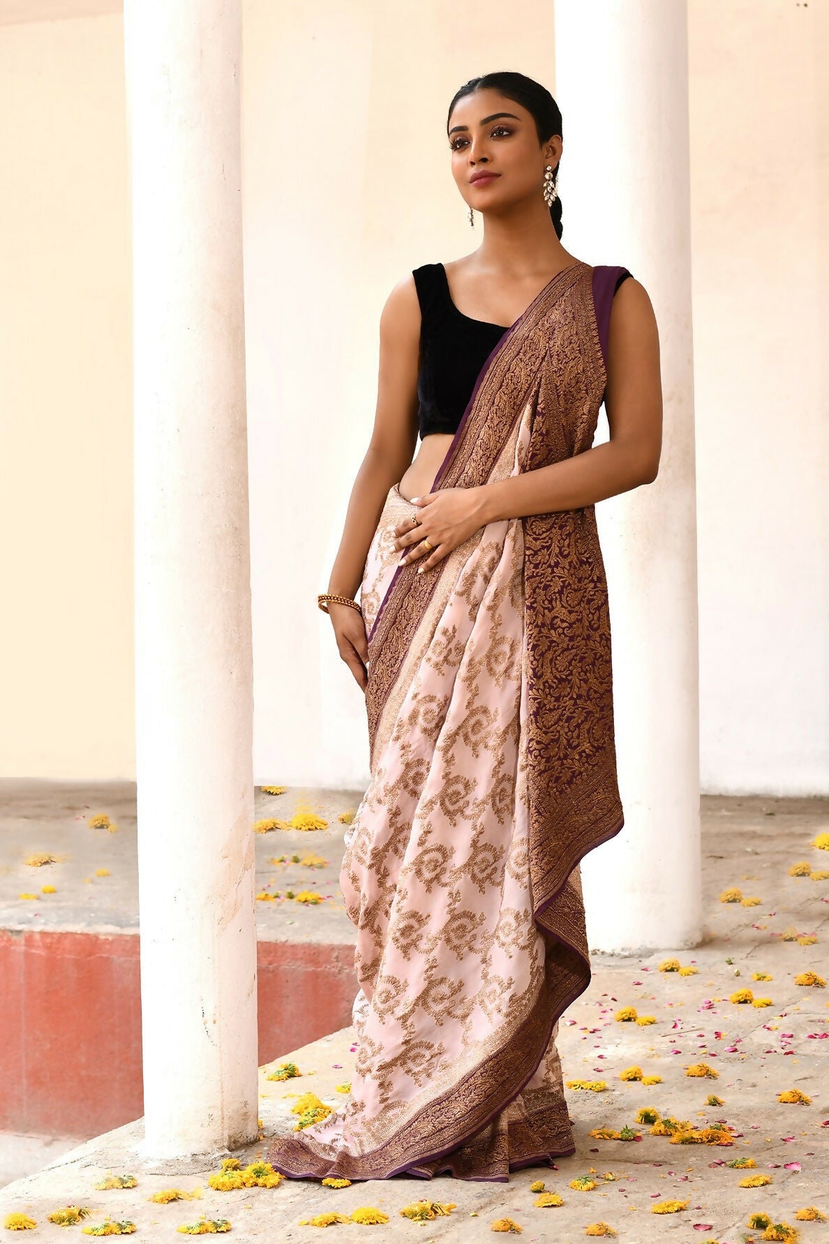 Joban Fashion Ivory Crepe Chiffon Pure Handloom Banarasi Silk Saree | Swadesiicart