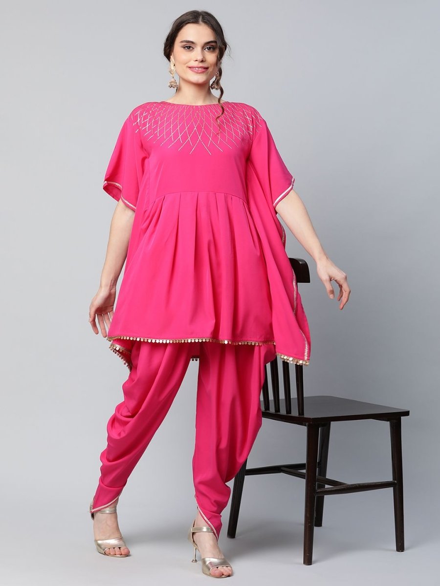 Ahalyaa Women Pink Crepe Glitter Printed Kurta with Dhoti Pants | Swadesiicart