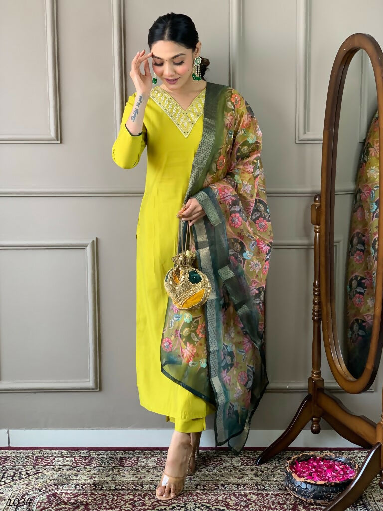Partywear Designer Lemon Yellow Viscos Chanderi Stitched Suit With Dupatta - Tanisha | Swadesiicart