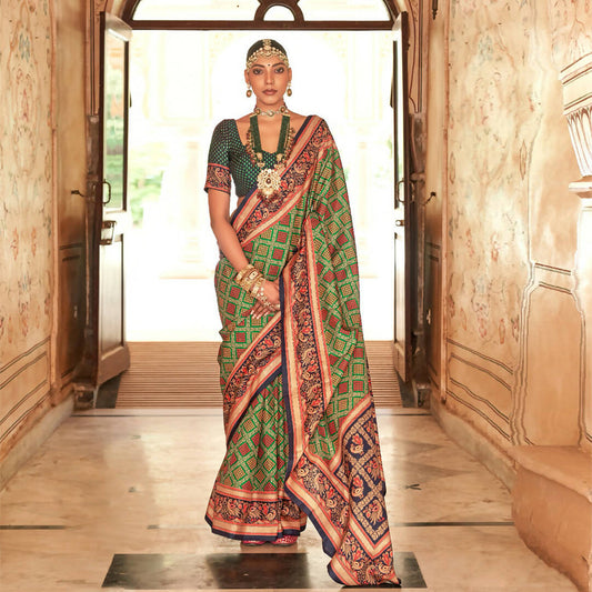 Perot Green Silk With Banarasi Print Work Saree - Trirath Yamuna | Swadesiicart