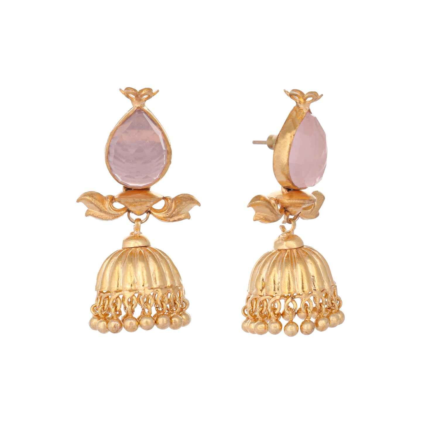 Nuyug 22K Gold Plated Rose Quartz Stone Studded Ethnic Jhumkas | Swadesiicart