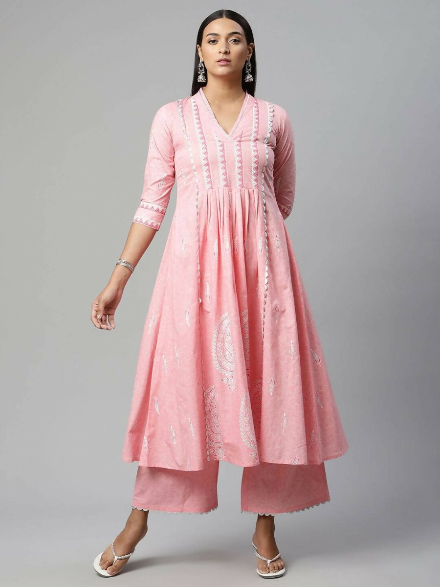 Ahalyaa Womens Pink Pure Cotton Printed Kurta Palazzo Set | Swadesiicart