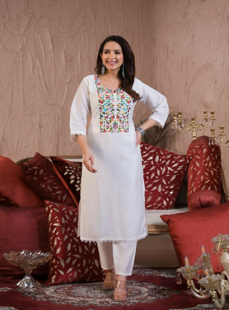 Ethnic Festive Wear Chanderi with Cotton Lining White Stitched Suit With Dupatta - Tanisha | Swadesiicart