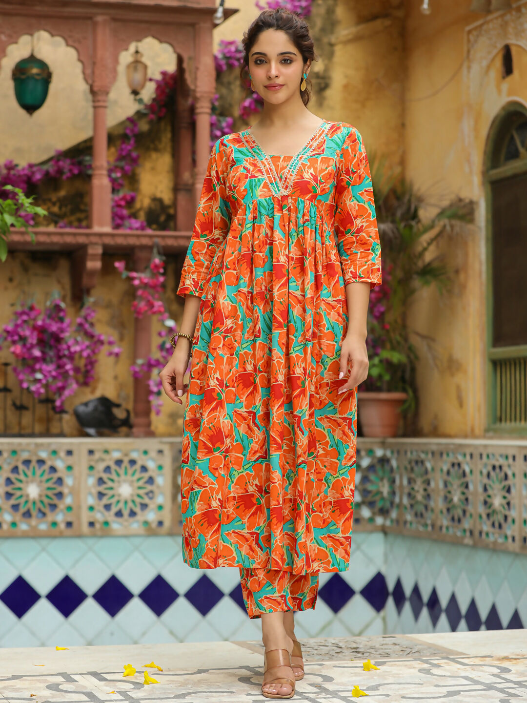 Janasya Orange Cotton Floral Kurta & Bottom | Swadesiicart