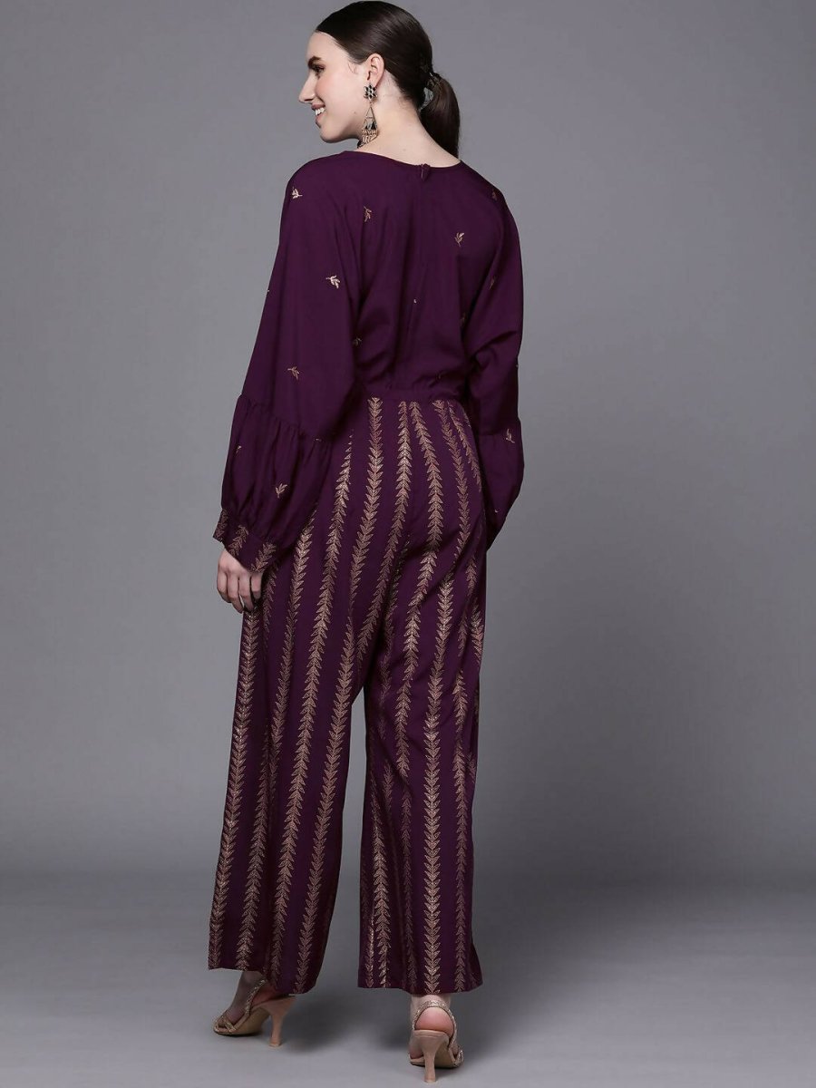 Ahalyaa Purple & Golden Printed Basic Jumpsuit - Swadesiicart