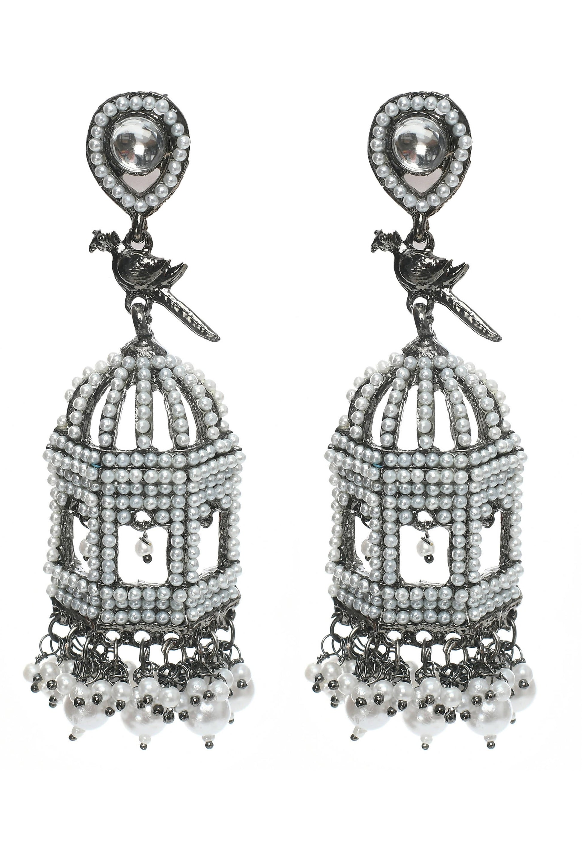 Mominos Fashion Johar Kamal Silver Color Bird Nest Earrings With Pearls - Mominos Fashion