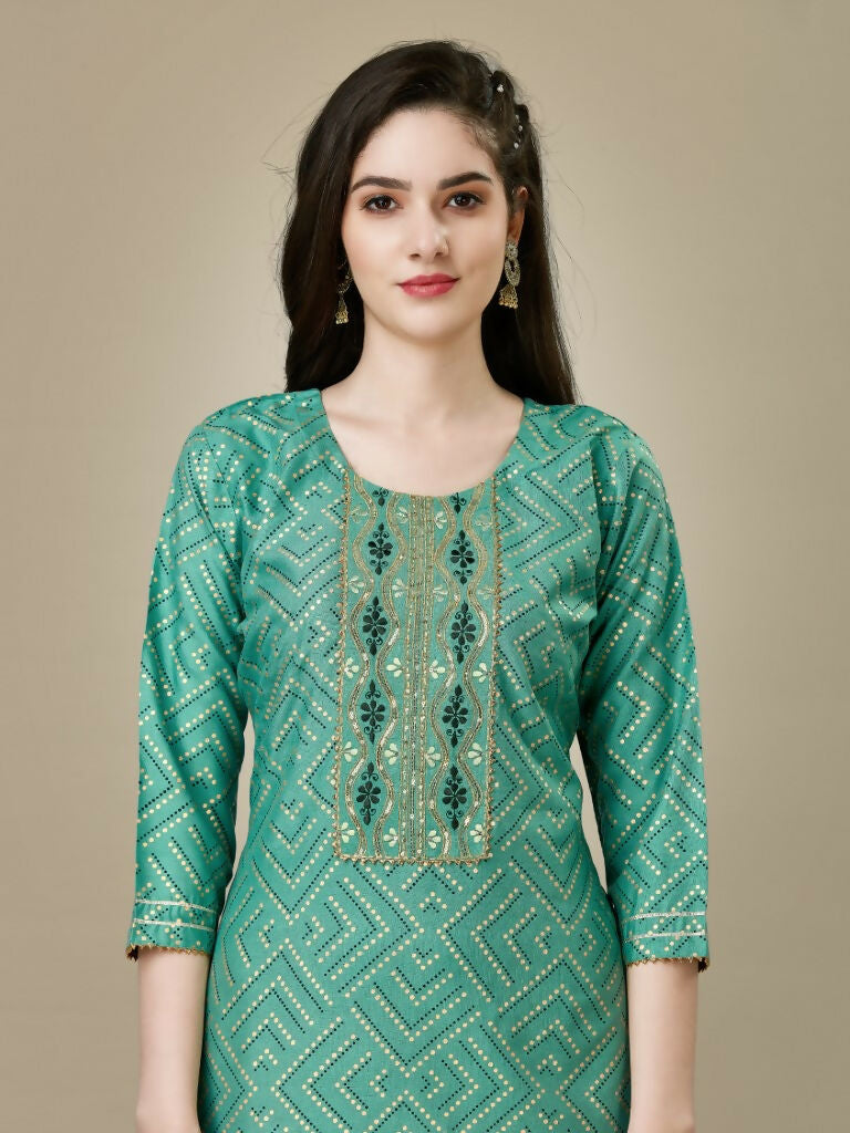 Jyoti Fashion Women's Pista Green Rayon Embroidered Kurta Pant Set | Swadesiicart