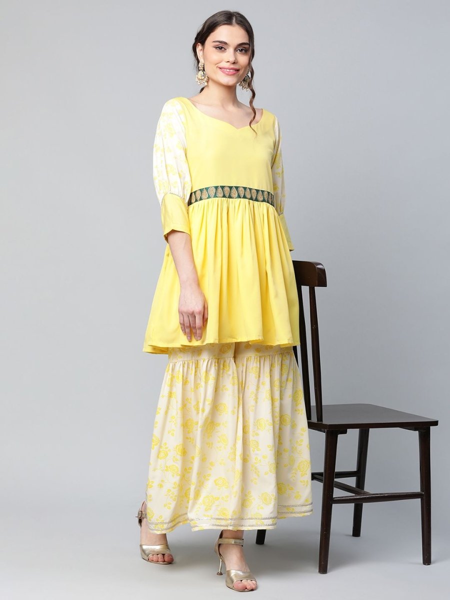 Ahalyaa Women Yellow Crepe Floral Short Kurta with Sharara Set | Swadesiicart