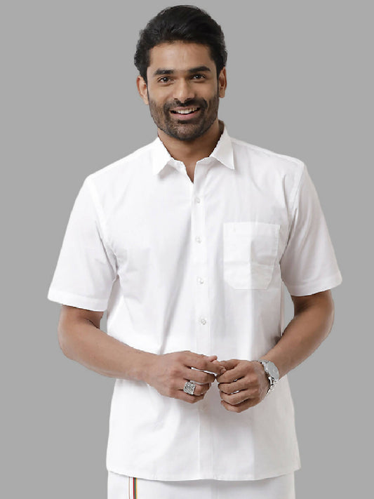 Ramraj Cotton Mens Half Sleeve Formal Poly Cotton White Shirt | Swadesiicart