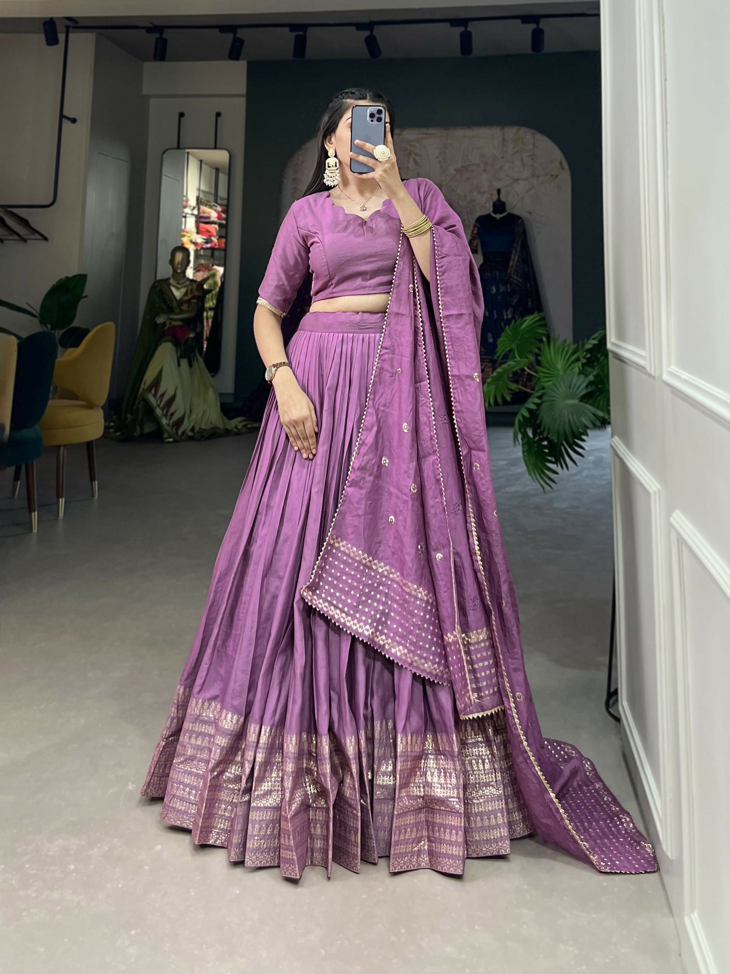 Lorenvalley Lavender Pure Chanderi Plain With Zari Weaving Work Border Lehenga Choli | Swadesiicart