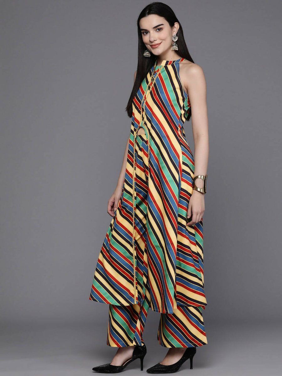 Ahalyaa Women Striped High Slit Kurta with Palazzos - Green Color | Swadesiicart