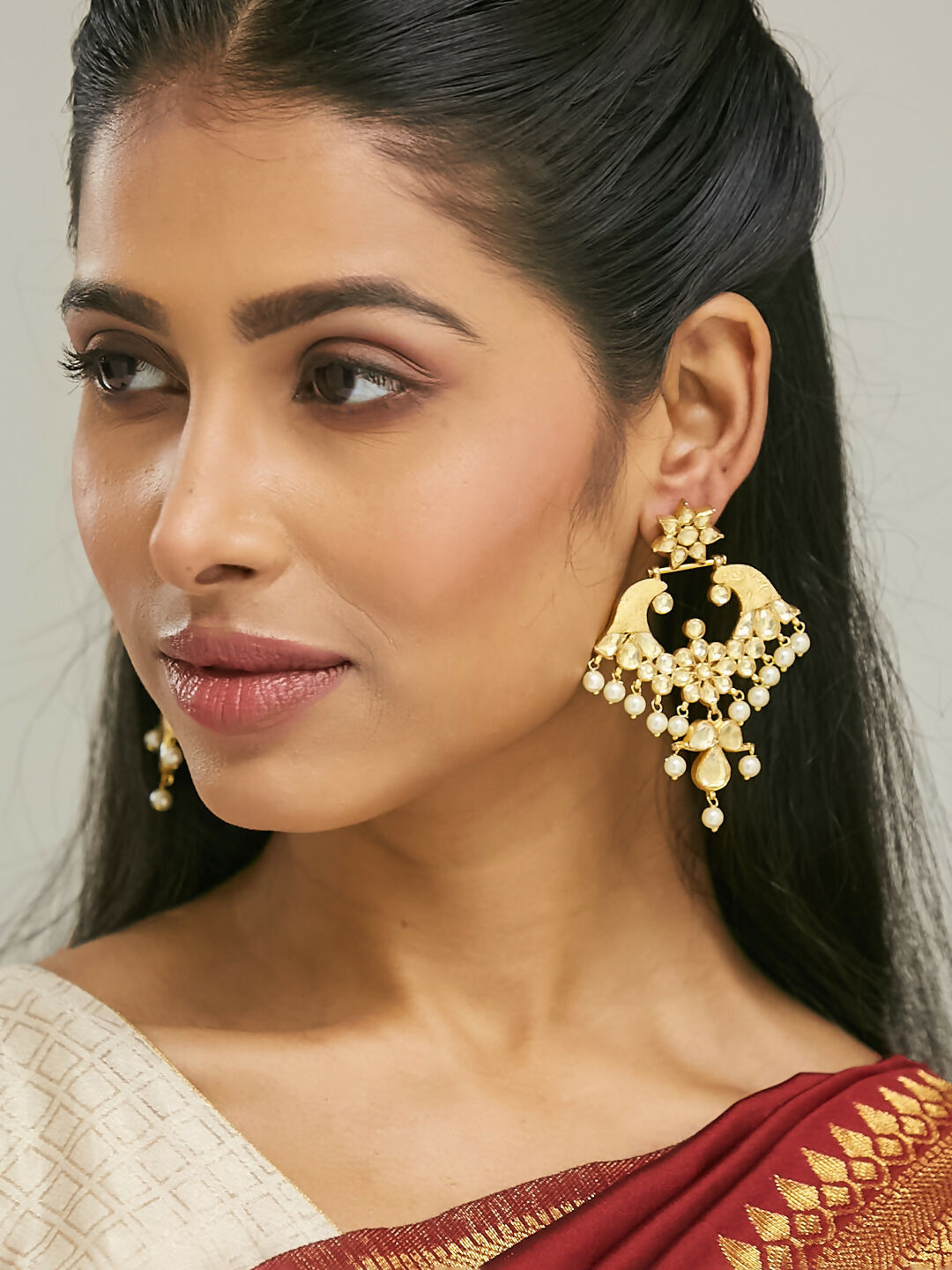 Nuyug 22K Gold-Plated Kundan and Pearl Earrings with Floral Stud and Intricate Crescent Design Chandbalis | Swadesiicart