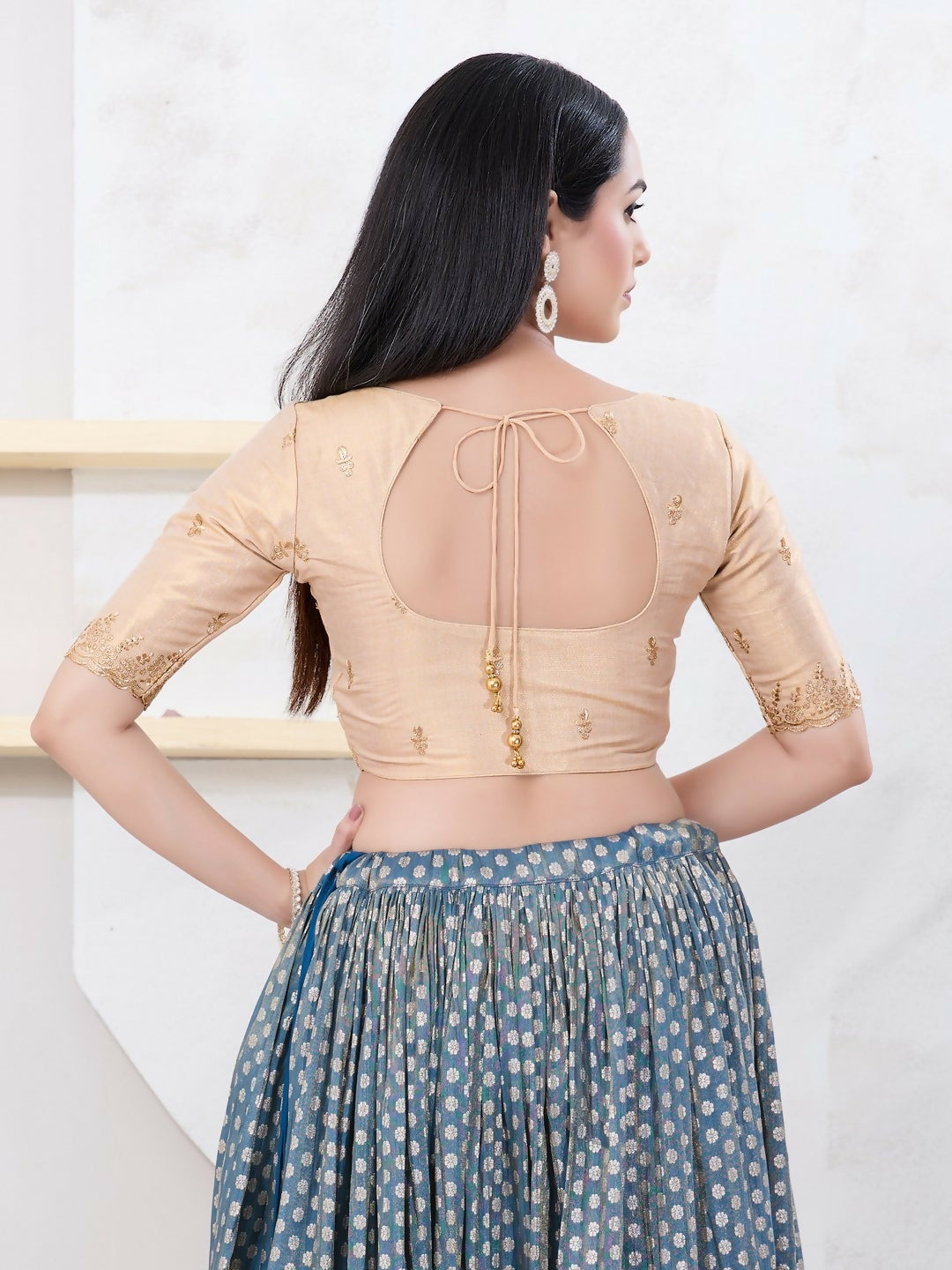 Joban Fashion Light-Gold Shimmer Elbow Sleeveless Front Open Blouse - Swadesiicart