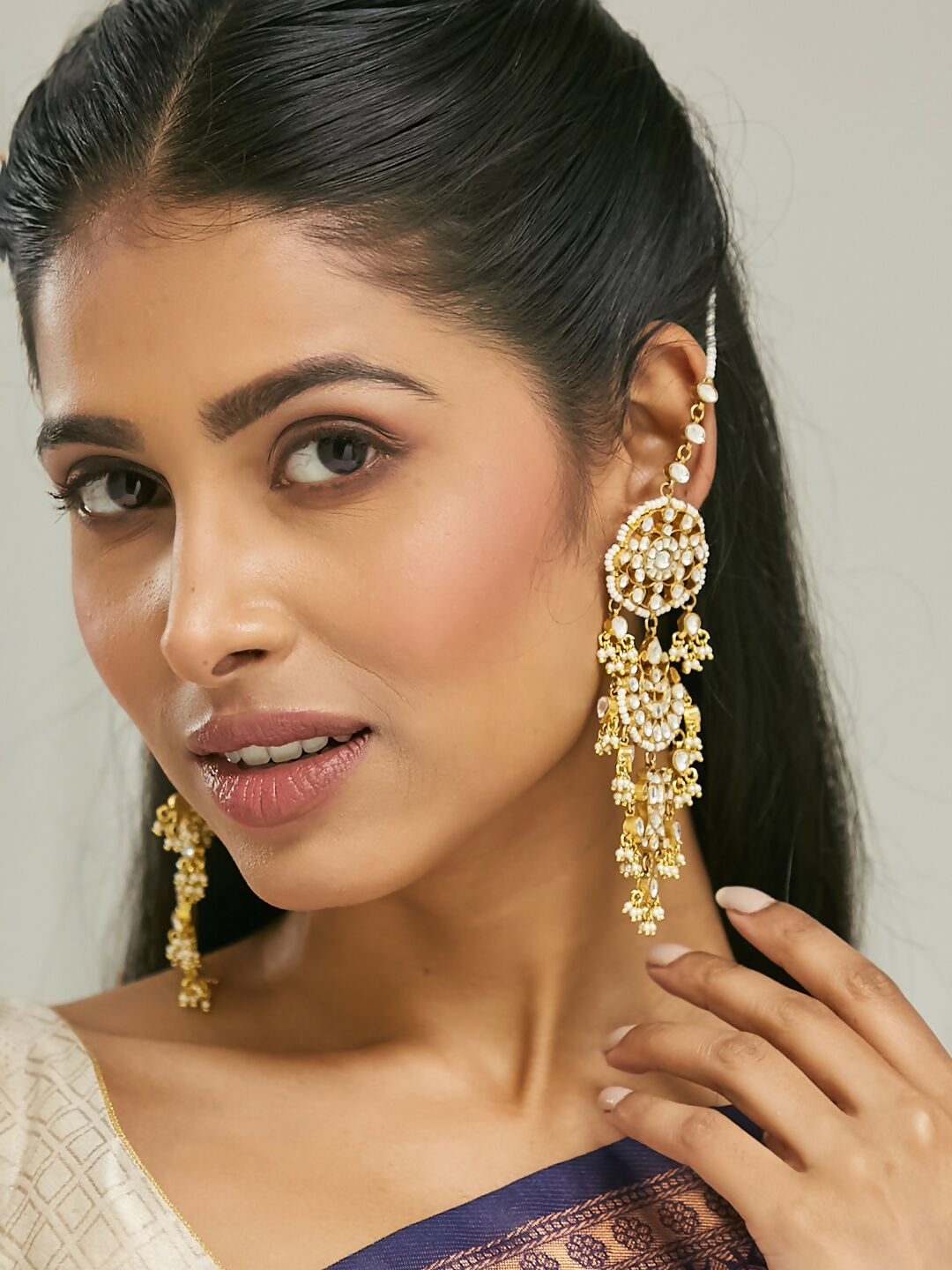 Nuyug 22 K Gold-Plated Elegant Kundan Studded & Pearl Beaded Crescent Shaped Kanauti Earrings | Swadesiicart