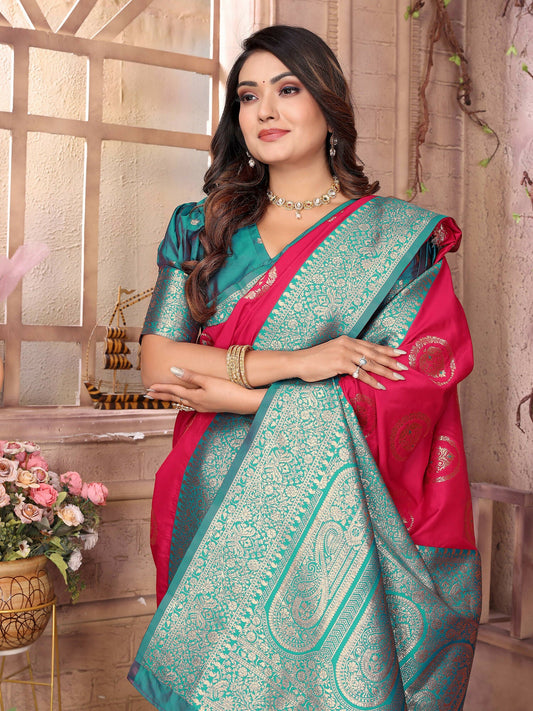 Joban Fashion Hot Pink Banarasi Soft Silk Woven Saree | Swadesiicart