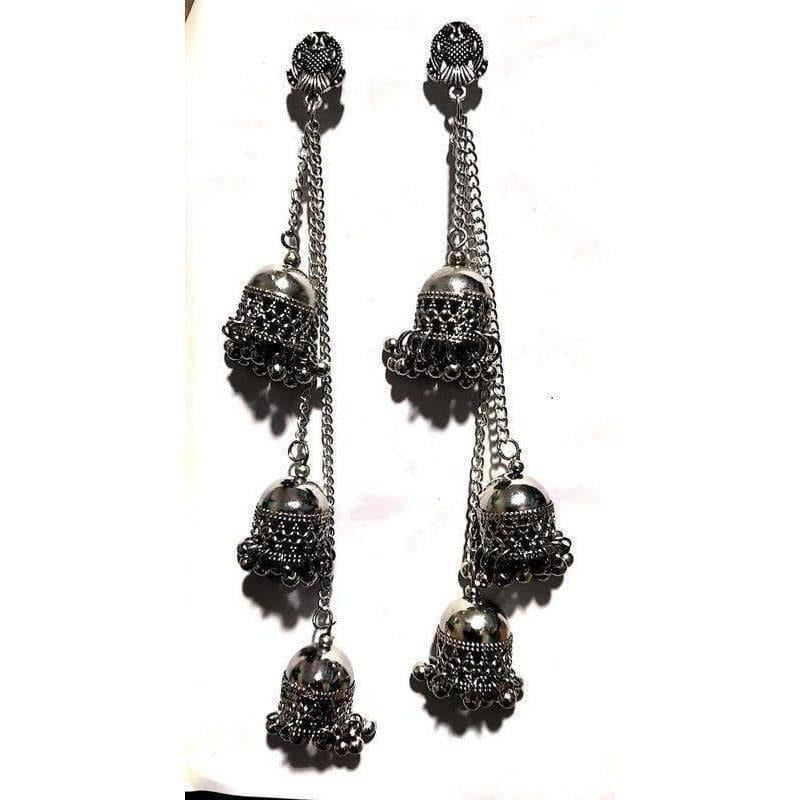 MS Fashion India Antique Silver Long Chain Triple Afghani Hanging Kashmiri Earrings | Swadesiicart