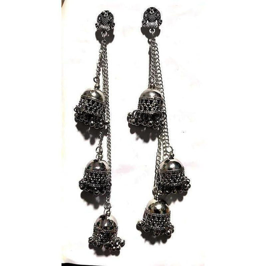 MS Fashion India Antique Silver Long Chain Triple Afghani Hanging Kashmiri Earrings | Swadesiicart