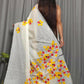 Exclusive Collection Beautiful White Yellow Pure Cotton Hand Print Handloom Saree With Running Blouse Piece - Swadesiicart