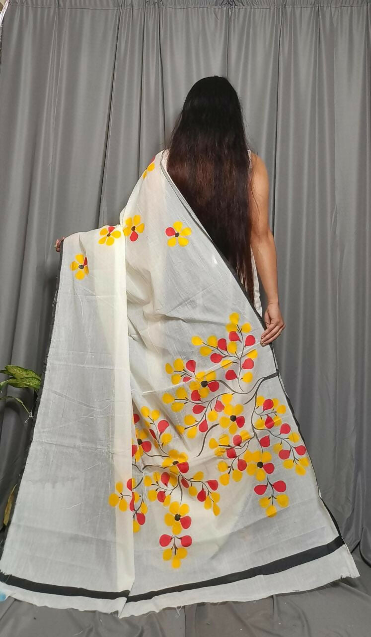 Exclusive Collection Beautiful White Yellow Pure Cotton Hand Print Handloom Saree With Running Blouse Piece - Swadesiicart